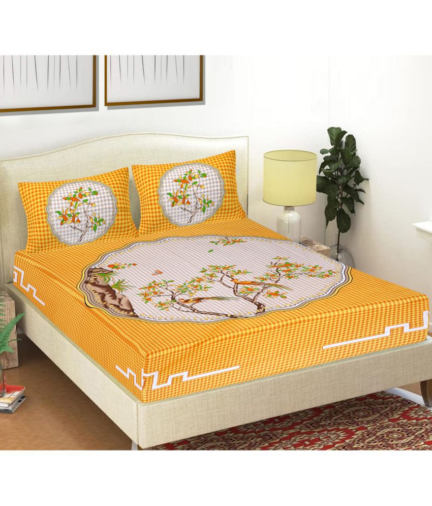     			Frionkandy Cotton Birds Printed Queen Bedsheet with 2 Pillow Covers - Yellow