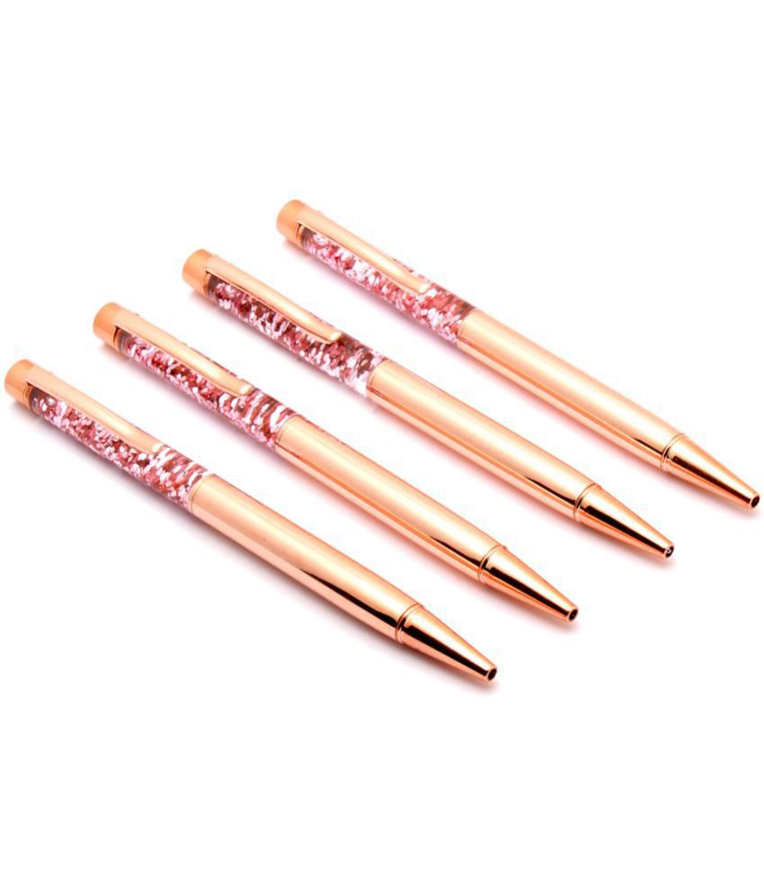     			SRPC Set Of 4 Copper Rose Gold Color Blue Refill Dynamic Crystal Diamond Retractable Ball Pen