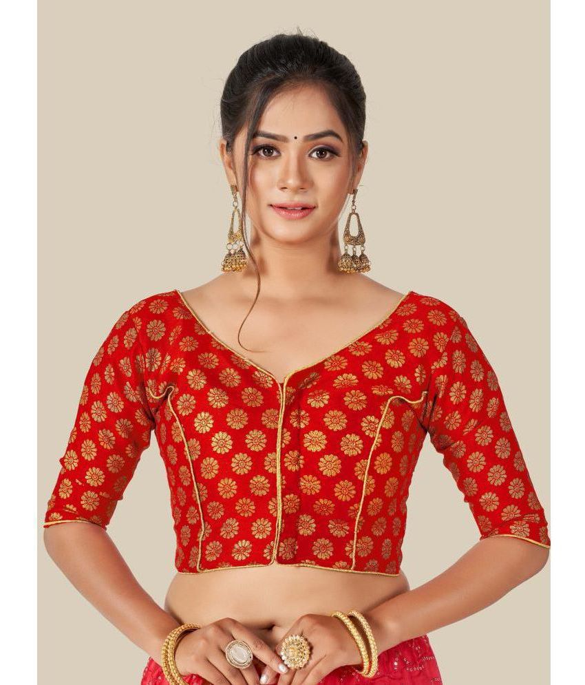 HIMALAYA FASHION - Red Readymade with Pad Brocade Women's Blouse ( Pack of 1 )