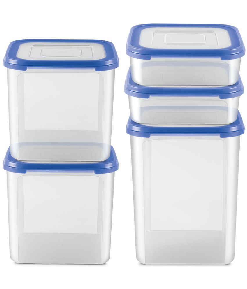     			Milton Stacko 360 degree Plastic Storage Container (9/8/6) Set of 5 (2 Pcs x 1.26 Litres, 2 Pcs x 4.13 Litres, 1 Pc x 5.75 Litres) Blue | Storage Jar | Air Tight | Kitchen Organiser | Stackable | Modular