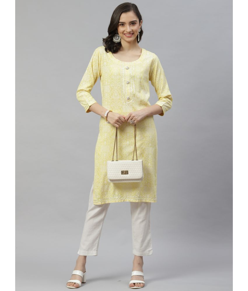     			HIGHLIGHT FASHION EXPORT - Yellow Cotton Blend Women's Straight Kurti ( Pack of 1 )