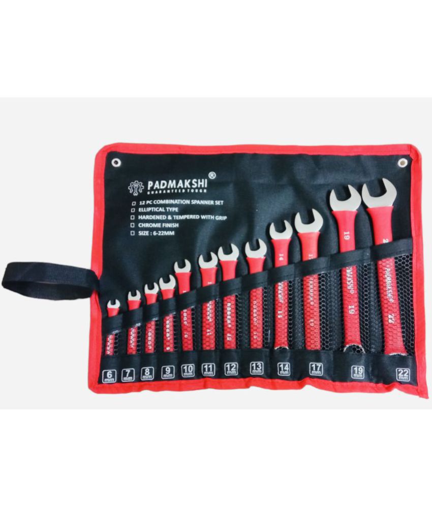     			PADMAKSHI - Combination Spanner Wrench Set 6mm To 22 mm 12-Piece, Chrome Vanadium Steel, with Rolling Pouch, Red Color