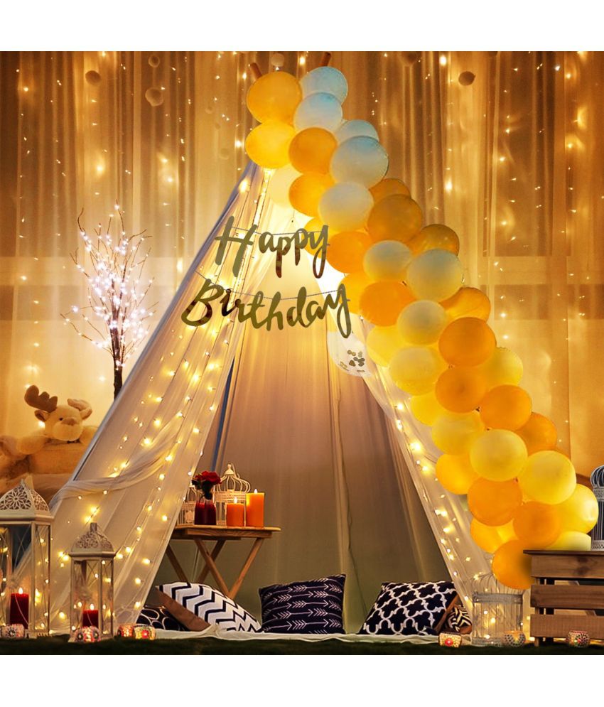     			Party Propz Decoration Items For Birthday -26Pcs Combo With White Net, Led Fairy Lights And White/Golden Balloons - Background Decoration Items, Birthday Decoration Items,Cabana Tent Decoration
