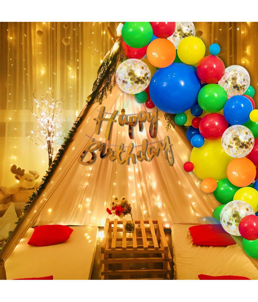     			Party Propz Decoration Items For Birthday -26Pcs Combo White Net, Led Fairy Lights, Golden Confetti & Multicolor Balloons- Background Decoration Items, Birthday Decoration Items,Cabana Tent Decoration
