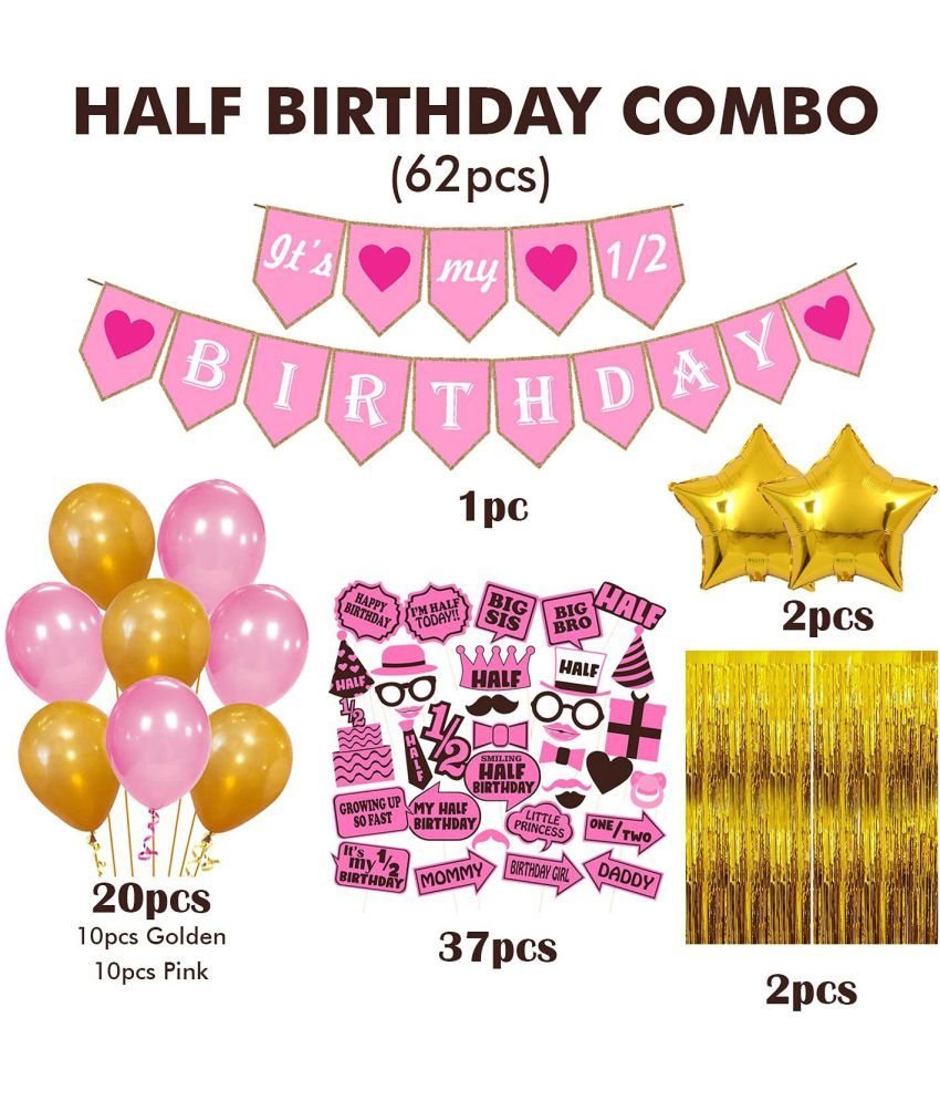 Party Propz Half Birthday Decorations For Baby Girl Combo 62Pcs Items