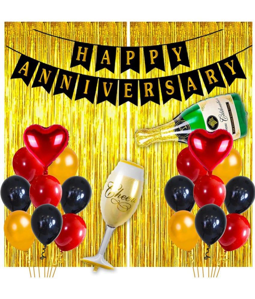     			Party Propz Happy Anniversary Decoration Items Combo Golden Foil Curtain, 50pcs Black Golden Red Metallic Balloon, 2pcs Red Heart Foil Balloon, 1pc Cheers Foil Balloon, 1pc Foil Balloon