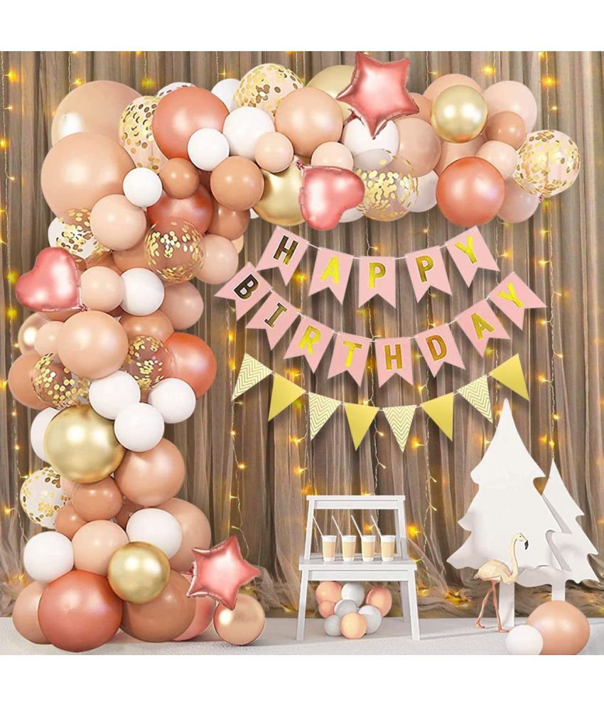     			Party Propz Happy Birthday Decorations For Girls -49Pcs Rose Gold Happy Birthday Decoration Items Kit- Curtain Net, Light, Metallic Balloons, Banner , Glue Dot, Arch/ Birthday Decoration Kit Items
