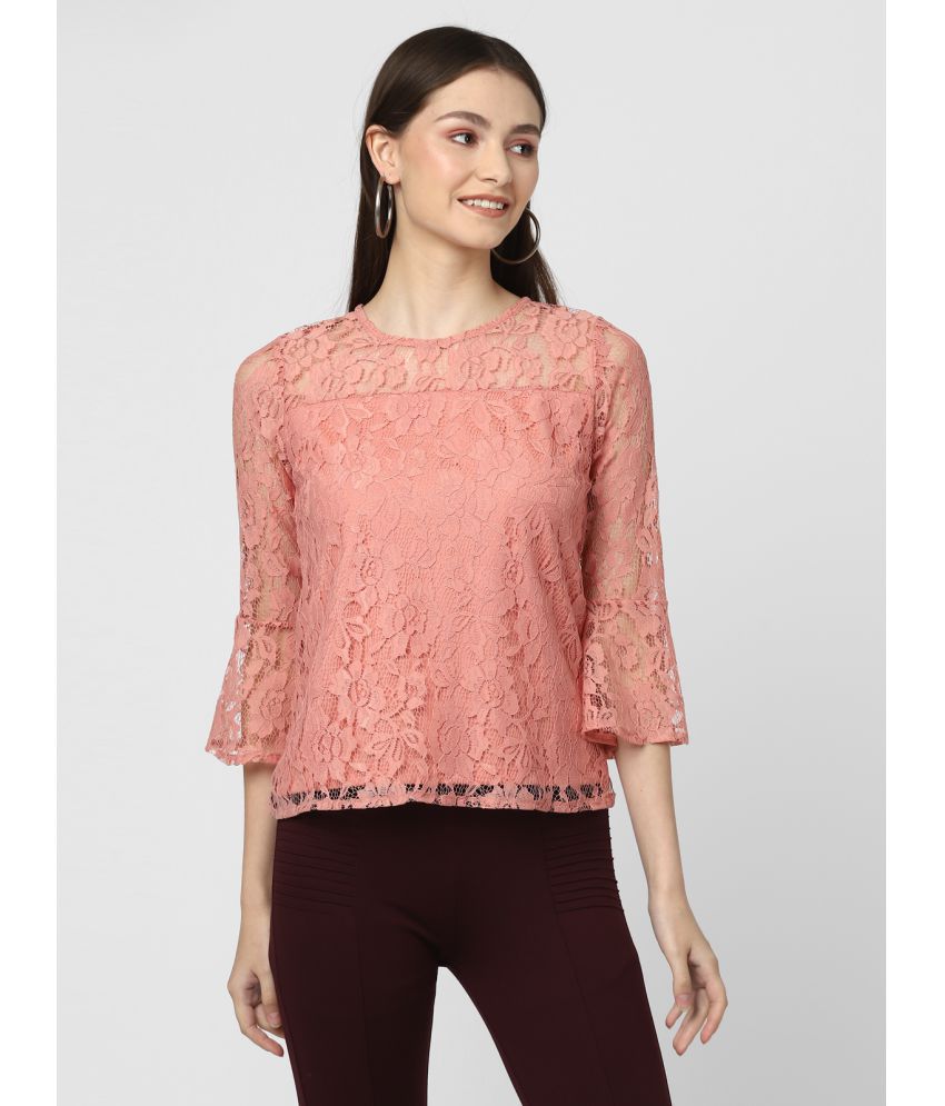 UrbanMark Women Round Neck Solid Bell Sleeves Round Neck Lace Top - Peach