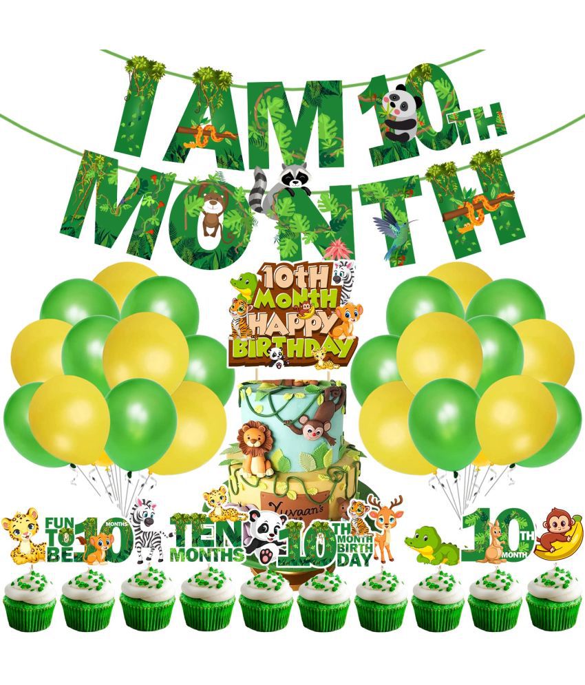     			Zyozi Jungle Theme 10th Month Birthday Decoration Kids,I AM 10th Month Birthday Banner with Latex Balloons, Cake Topper and Cup Cake Topper for Baby Boy or Girl Birthday (Pack of 37)