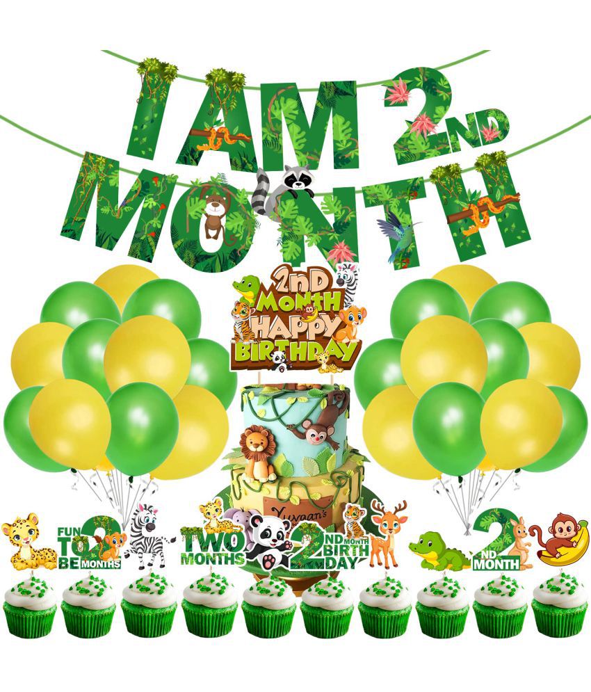     			Zyozi Jungle Theme 2nd Month Birthday Decoration Kids,I AM 2nd Month Birthday Banner with Latex Balloons, Cake Topper and Cup Cake Topper for Baby Boy or Girl Birthday (Pack of 37)