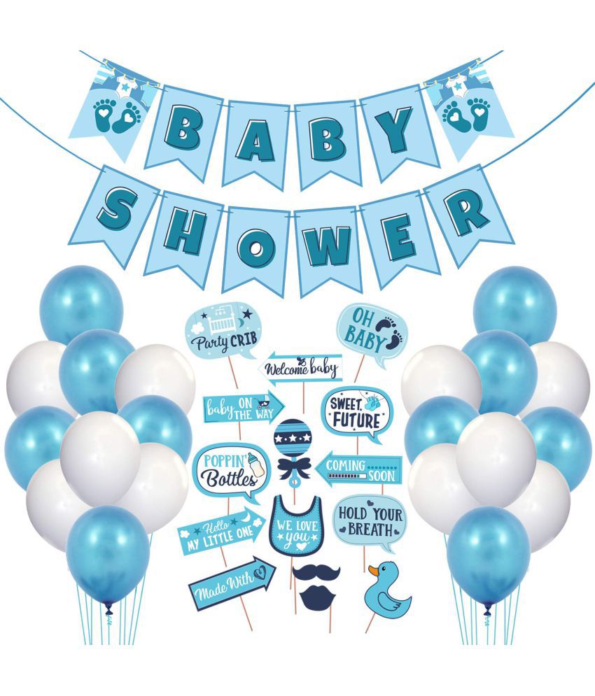     			Zyozique Baby Shower Decorations Props Material Combo 1 Set Baby Shower Banner and 25 Pcs Balloons White & Blue(Set of 26)