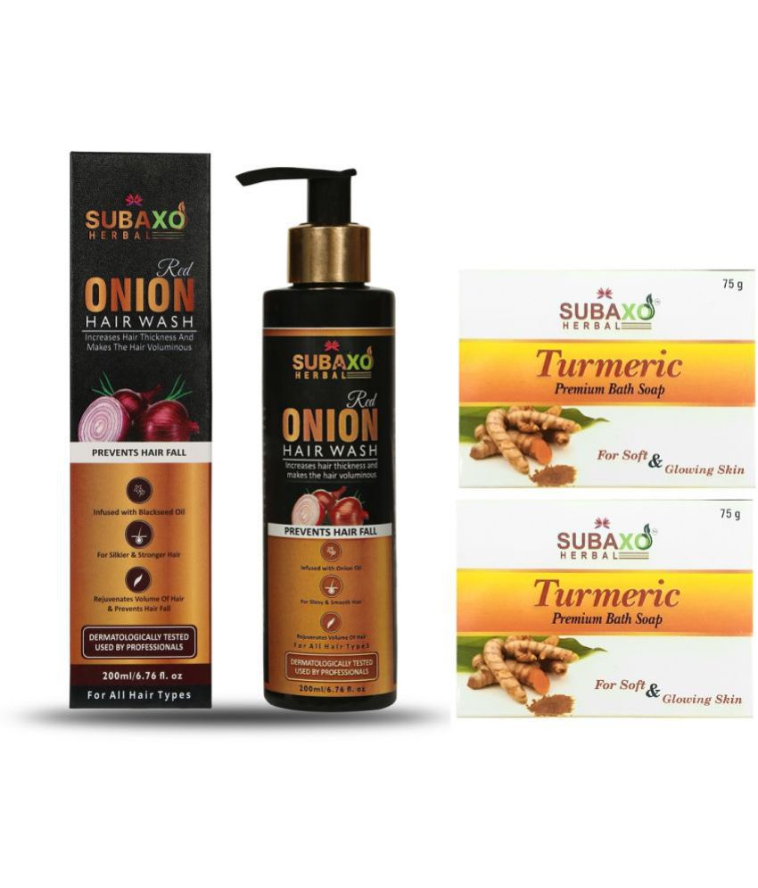     			Red Onion Herbal Hair Wash | Prevents Hair Fall |Makes Hair Silkier & Stronger 200 Ml & Haldi /Turmeric Soap 2 Pc Each 75 G