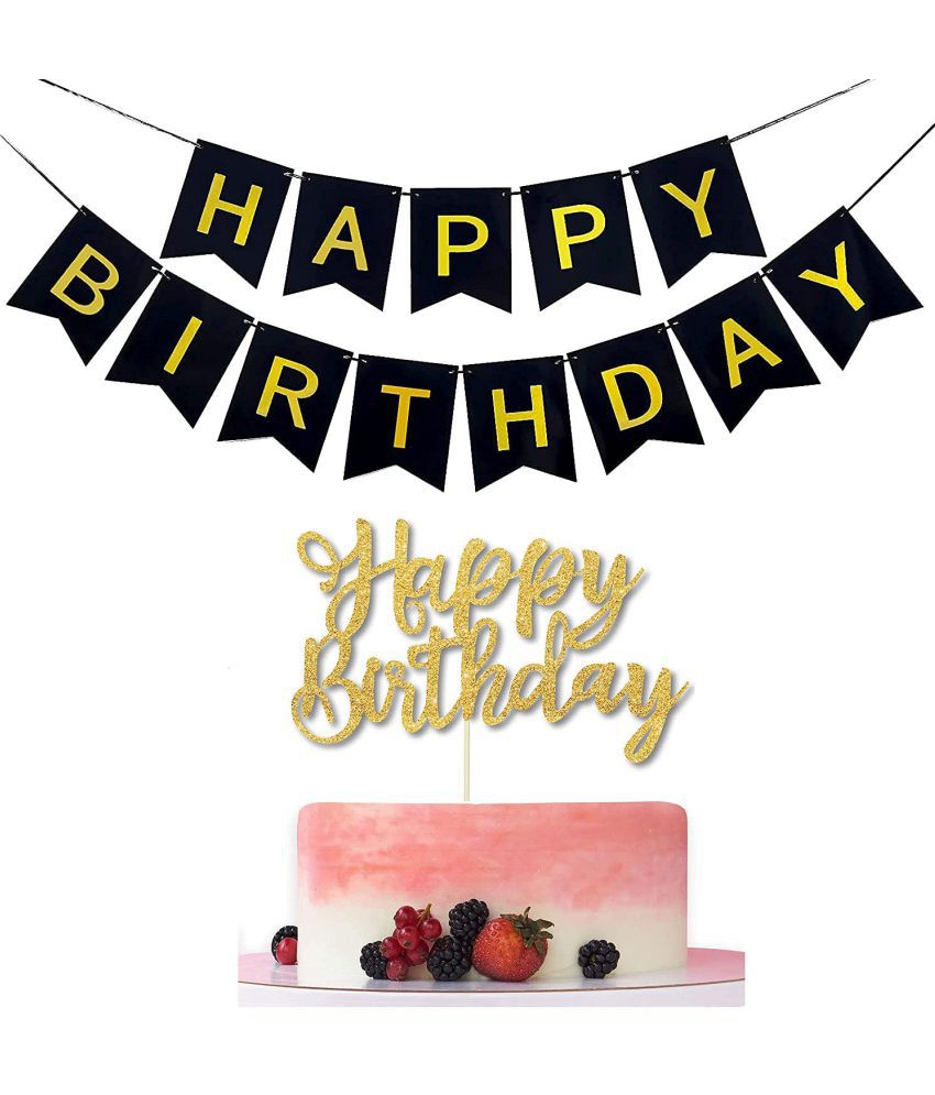     			Happy Birthday Banner + Cake Topper (Gold)