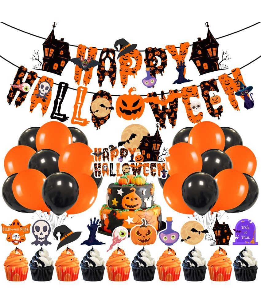     			Zyozi 37Pcs Halloween Balloons Banner Decorations Sets,Happy Halloween Banner, Black Orange Balloons Set with Cake And Cup Cake Topper for Halloween Theme Decoration