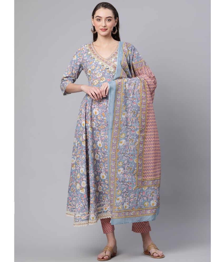     			Divena - Blue Angrakha Cotton Women's Stitched Salwar Suit ( Pack of 1 )