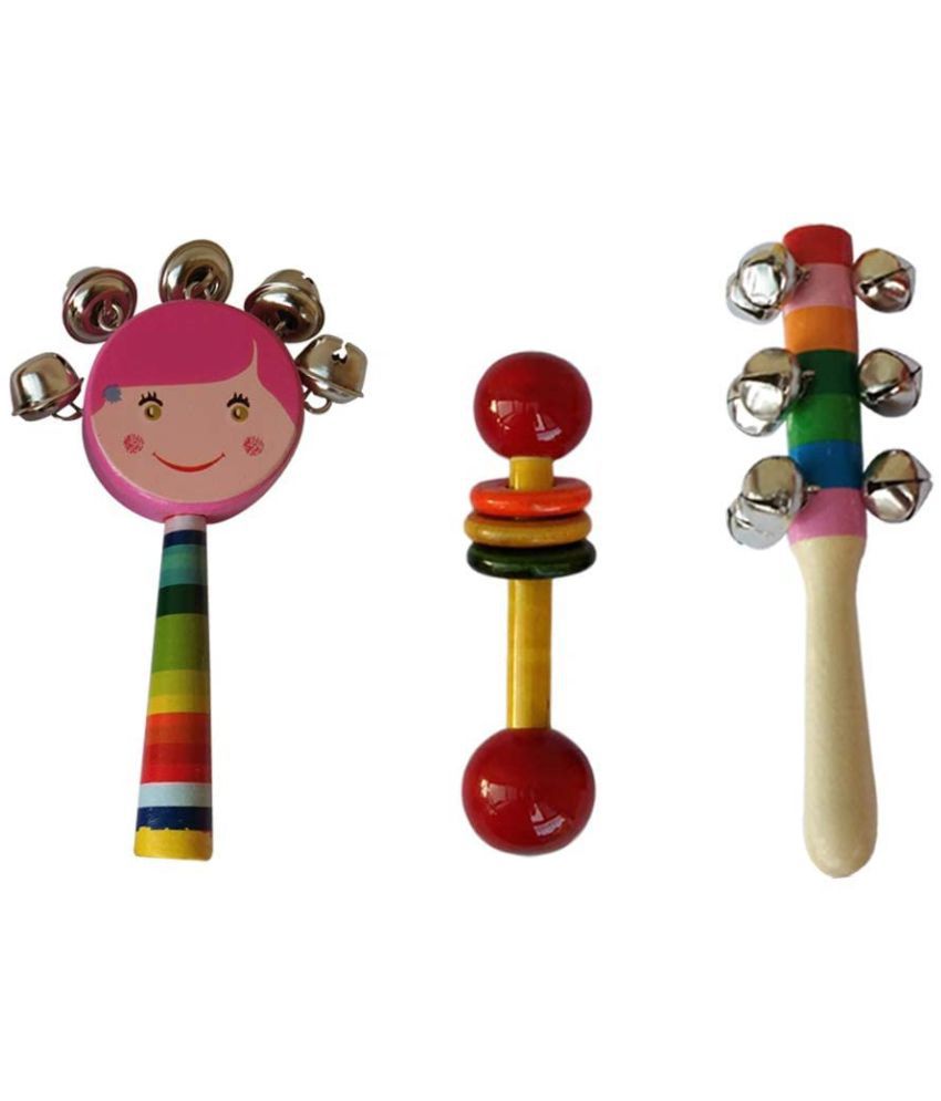     			Channapatna Toys Handmade Non toxic wooden rattle for baby/Infants ( 0+ Years) - set of 3 pcs - multicolor - Discover Sounds, Develops Sensory Skills