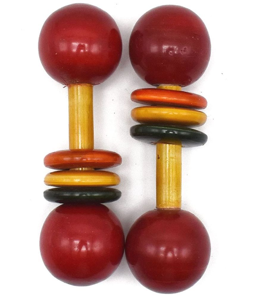     			Channapatna Toys Wooden Dumbbells Rattle Toys for New born Babies, Baby - Sound Making Toys Pack of 2 pcs - Discover Sounds