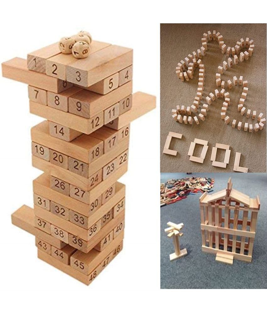    			FRATELLI JENGA Tumbling Tower Customizable Numbered Wooden Blocks with 4 Dices, Stacking Game Kids/Adults Game - 48 Pieces