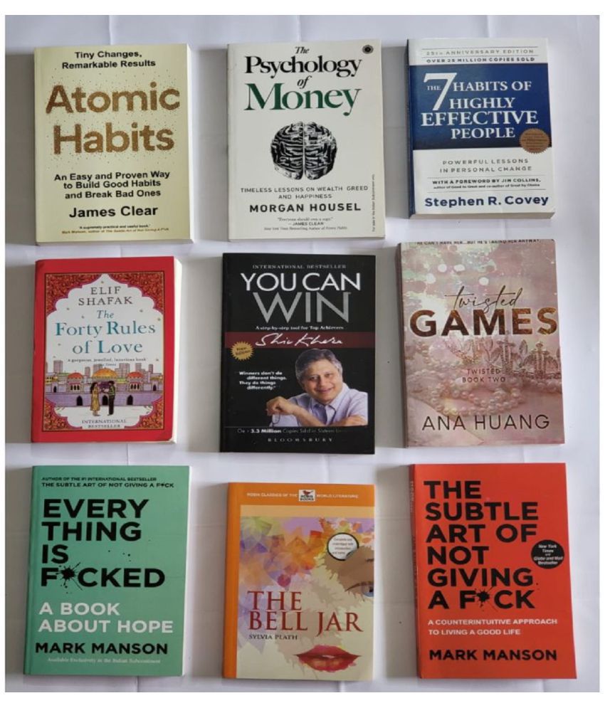     			( combo of 9 books ) Atomic + money + 7 habit + forty rules + you can win + games + everything + jell bar + subtle art ( Paperback)