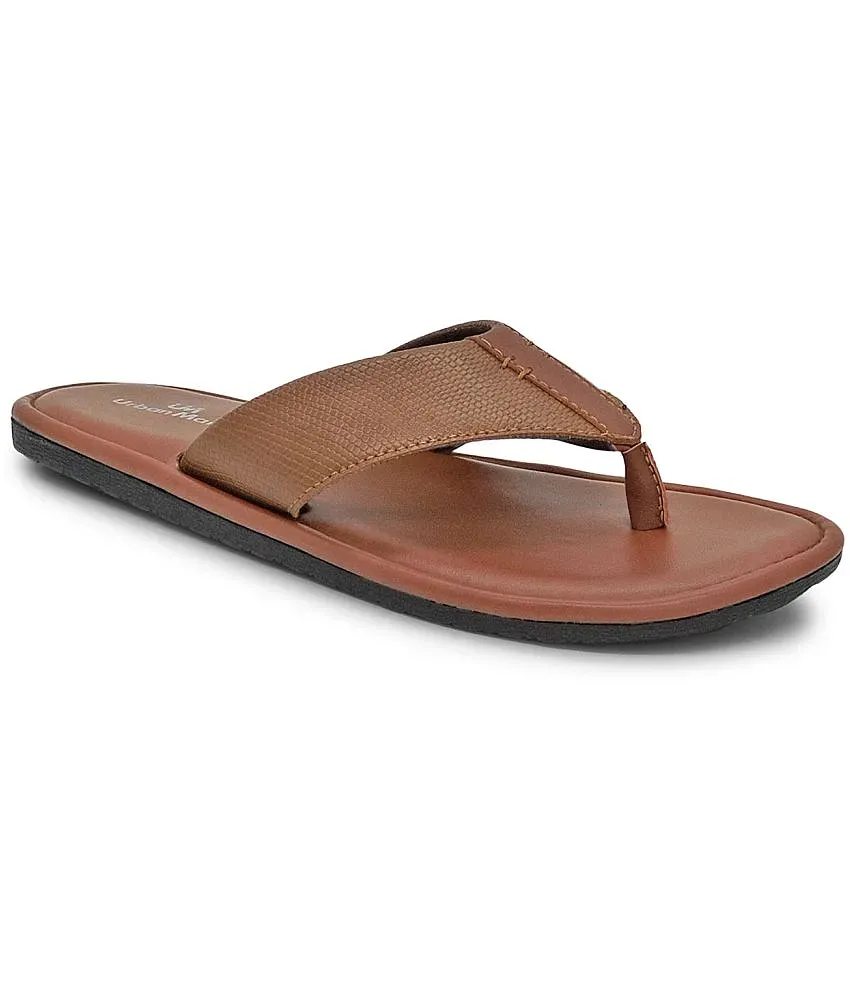 UrbanMark Men Comfortable Textured Faux Leather Anti Skid Slippers Tan