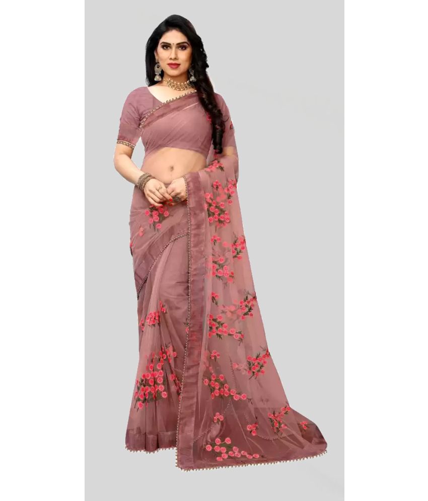     			SareeQueen - Brown Net Saree With Blouse Piece ( Pack of 1 )