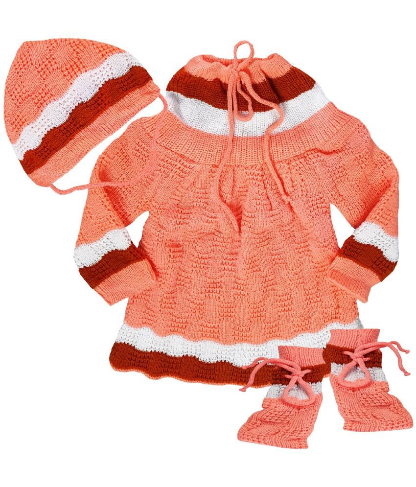     			little Panda Baby Girls Sweater Woolen Knitted Frock Sweater with Cap and Booties Set Full Sleeves Dress Sweater Girls