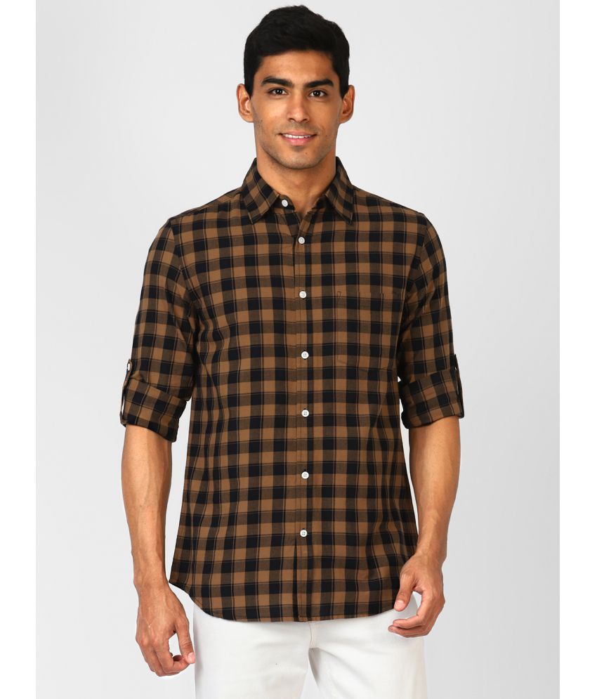 UrbanMark Men 100% Cotton Full Sleeves Regular Fit Check Casual Shirt-Brown & Black
