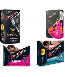 KamaSutra Oragamax, Dotted, Ribbed and Long Last Condoms Combo Of 4 Condom (Pack of 4, 58S)