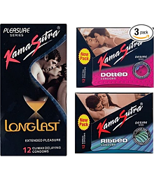 KamaSutra Longlast, Dotted, Ribbed Condom (Pack of 3, 36S)