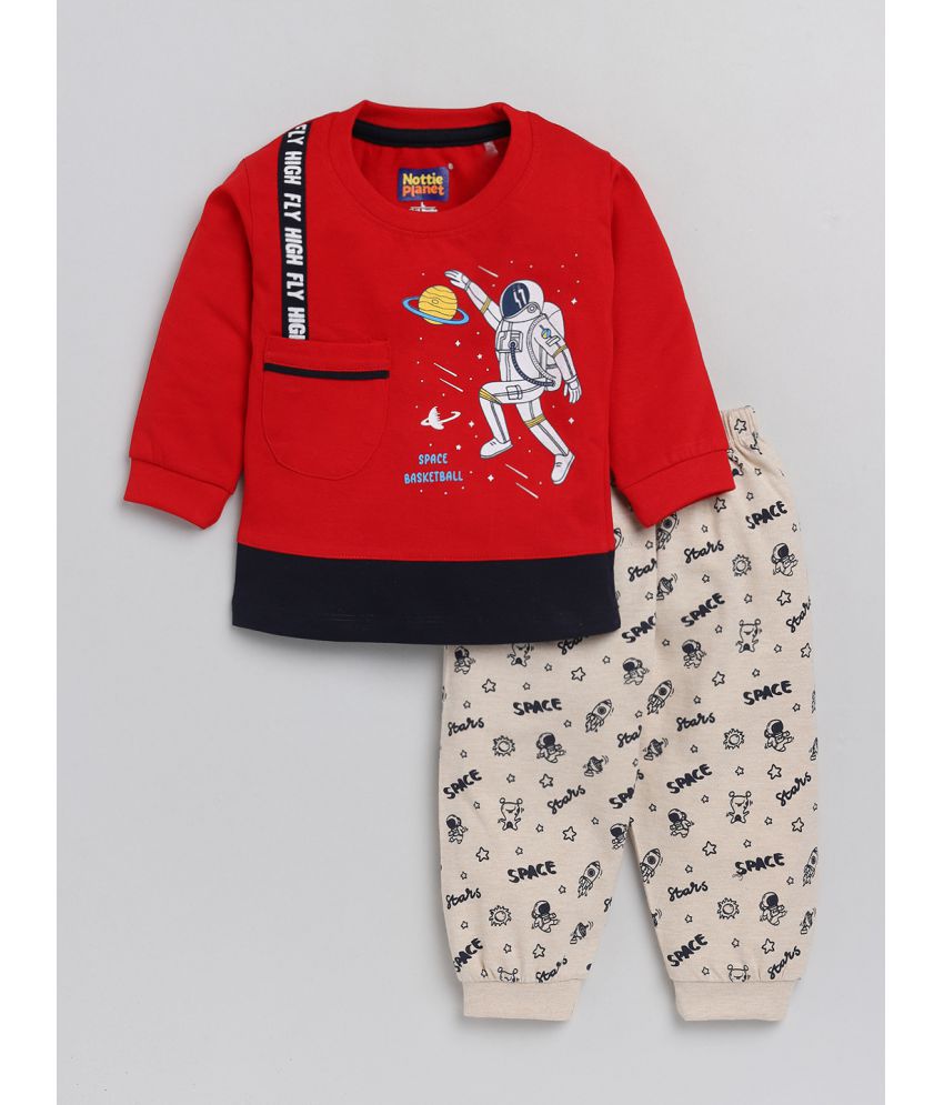     			Nottie planet - Red Cotton Baby Boy T-Shirt & Trouser ( Pack of 1 )