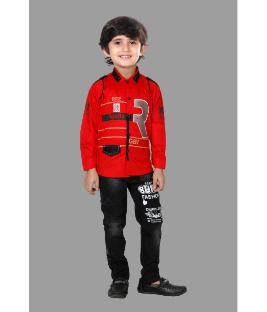     			DKGF Fashion - Red Cotton Blend Boys Shirt & Jeans ( Pack of 1 )