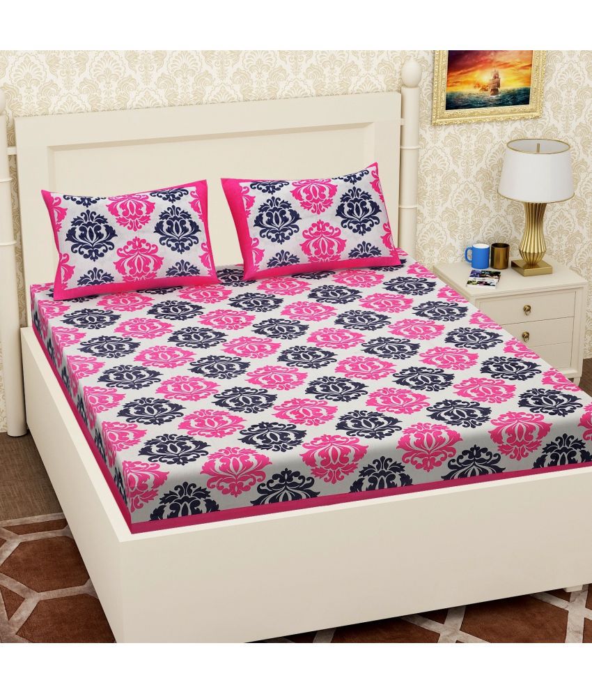     			ESTIILO - Pink Cotton Double Bedsheet with 2 Pillow Covers