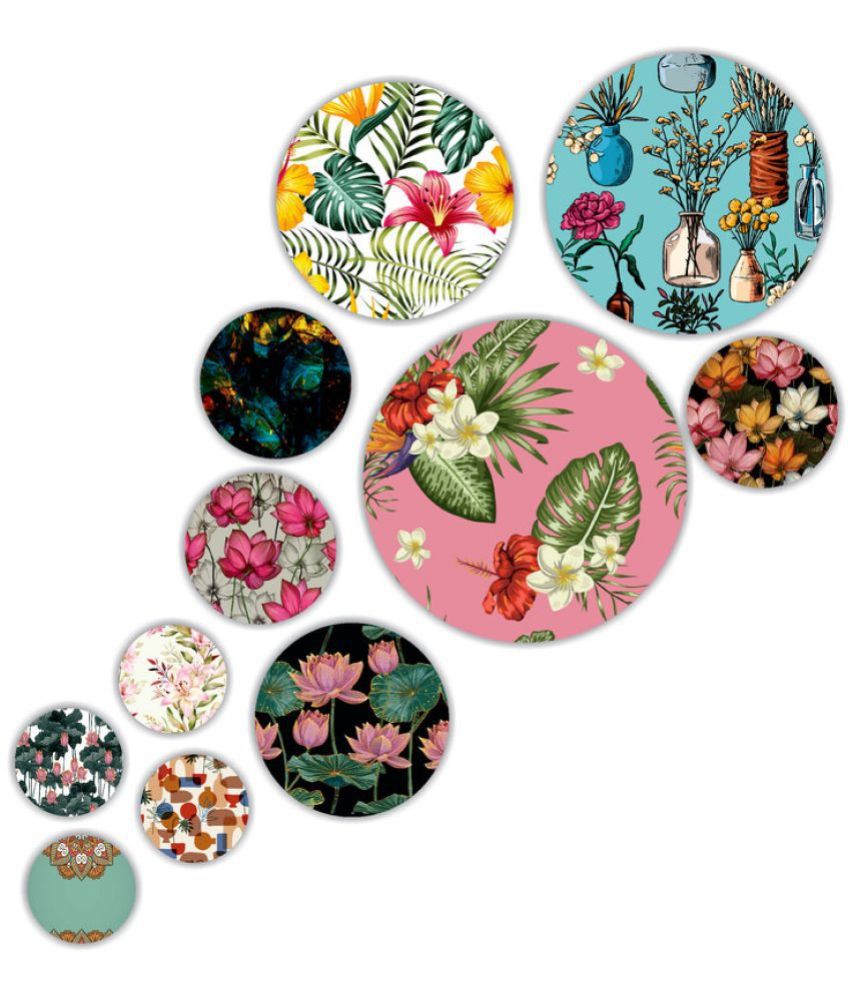     			Saf MDF Wooden Round Shape Floral Painting Plates Without Frame (Set of 11)