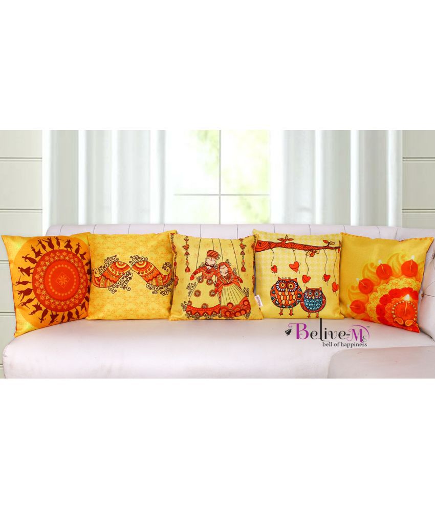     			Belive-Me Set of 5 Multicolor Jute Print Cushion Covers Festival Themed 40X40 cm (16X16 inch)
