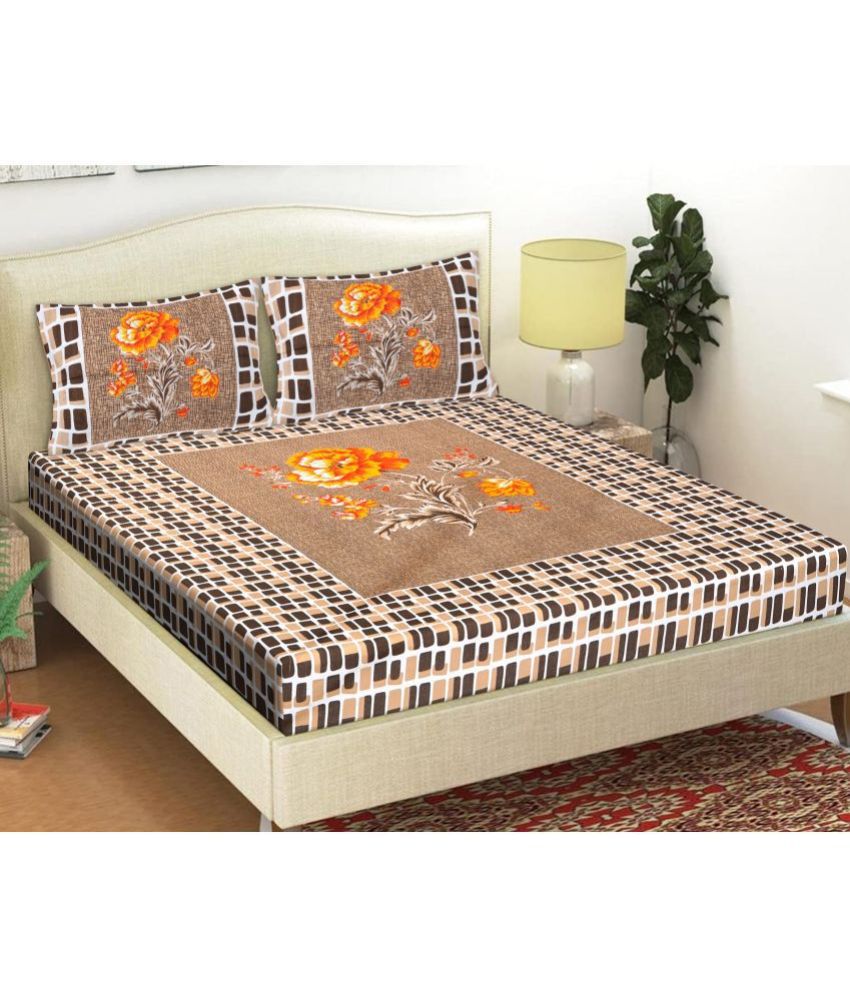     			HOMETALES Cotton Floral Queen Bed Sheet with Two Pillow Covers-Brown