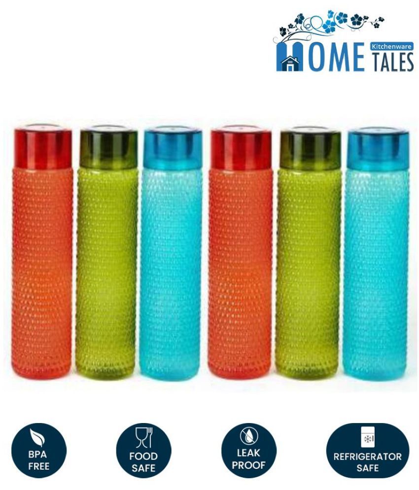 HOMETALES Multicolour PET Fridge Water Bottle (1000ml each), (6U
