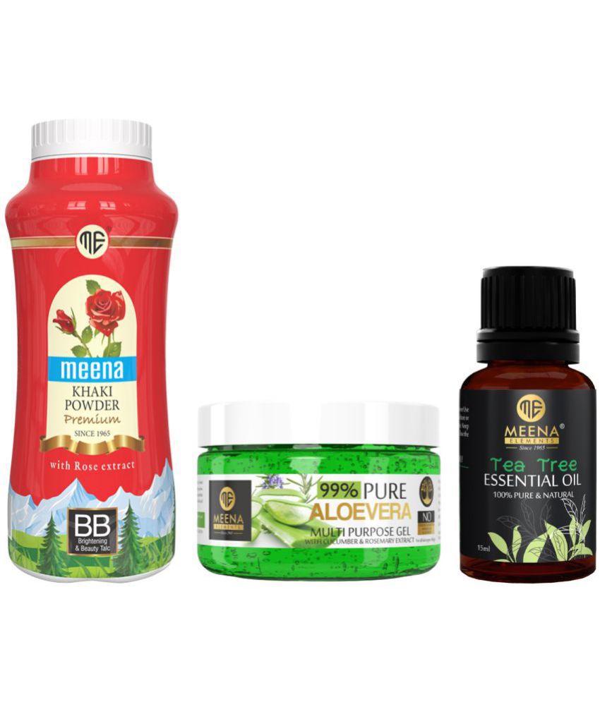     			MEENA ELEMENTS Natural 200gm Khaki Powder, 140gm Aloevera Gel & 15ml Tea Tree Natural Essential Oil For Men & Women (Set of 3)