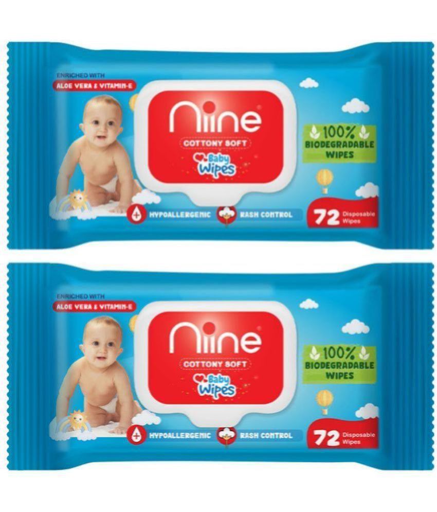 Niine Cottony Soft Biodegradable Baby Wipes with LID, Enriched Goodness of Aloe Vera and Vitamin E, 72 Wipes/Pack (Pack of 2)