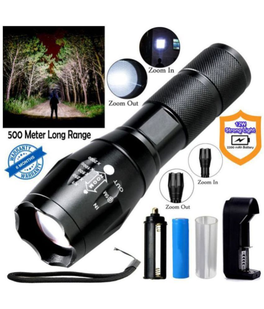 Small Sun Zoomable Waterproof Chargeable LED 5 Mode Full Metal Body Flashlight Torch Home / Outdoor Lamp - Pack of 1