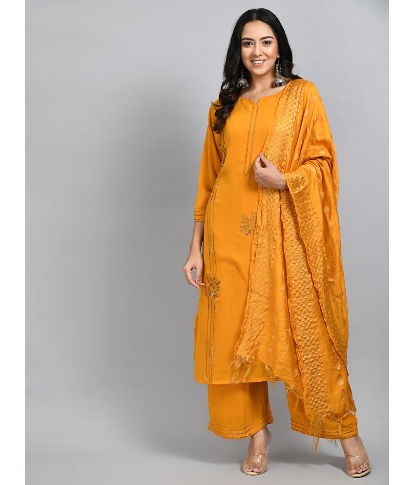     			Desinoor - Yellow Straight Georgette Women's Stitched Salwar Suit ( Pack of 1 )