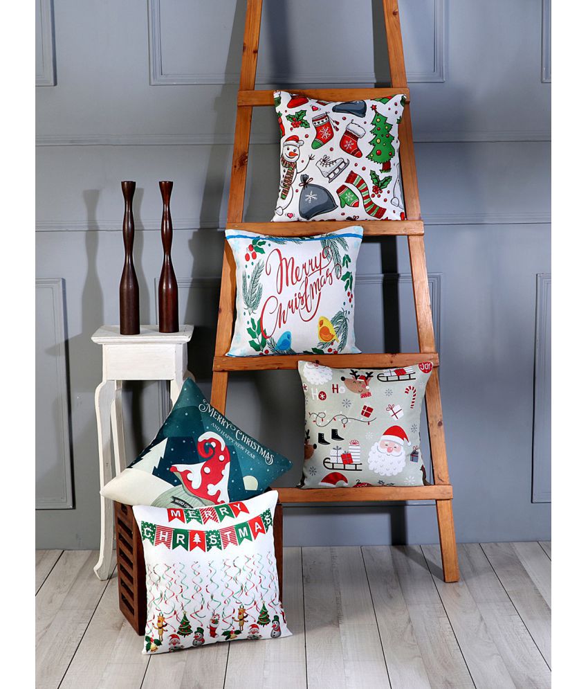     			HOMETALES Pack of 5 Jute Christmas Printed Square Cushion Cover 40X40 Cm Multicolor