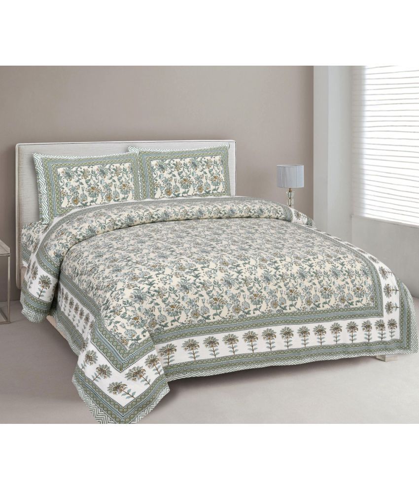     			Uniqchoice - Green Cotton Double Bedsheet with 2 Pillow Covers