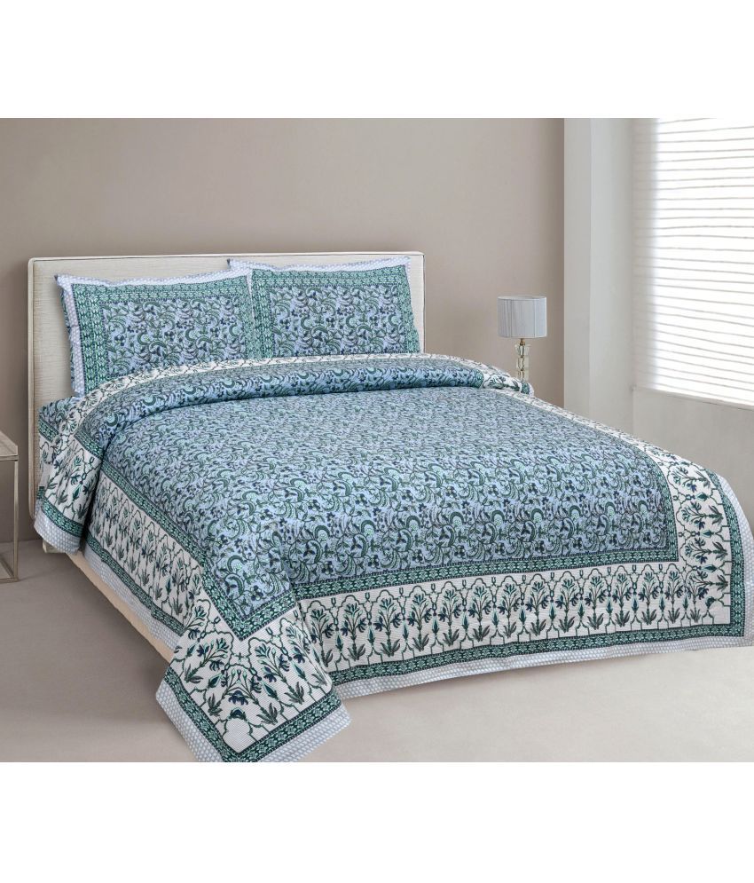     			Uniqchoice - Blue Cotton Double Bedsheet with 2 Pillow Covers