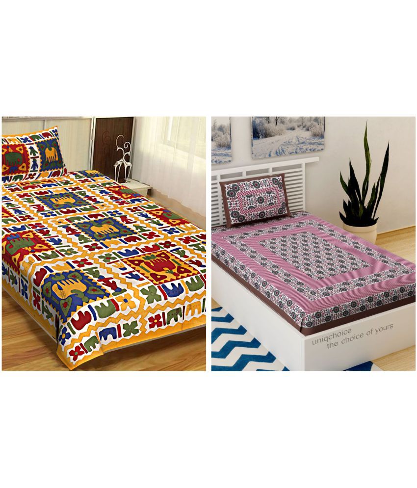     			Uniqchoice - Multicolor Cotton 2 Single Bedsheets with 2 Pillow Covers