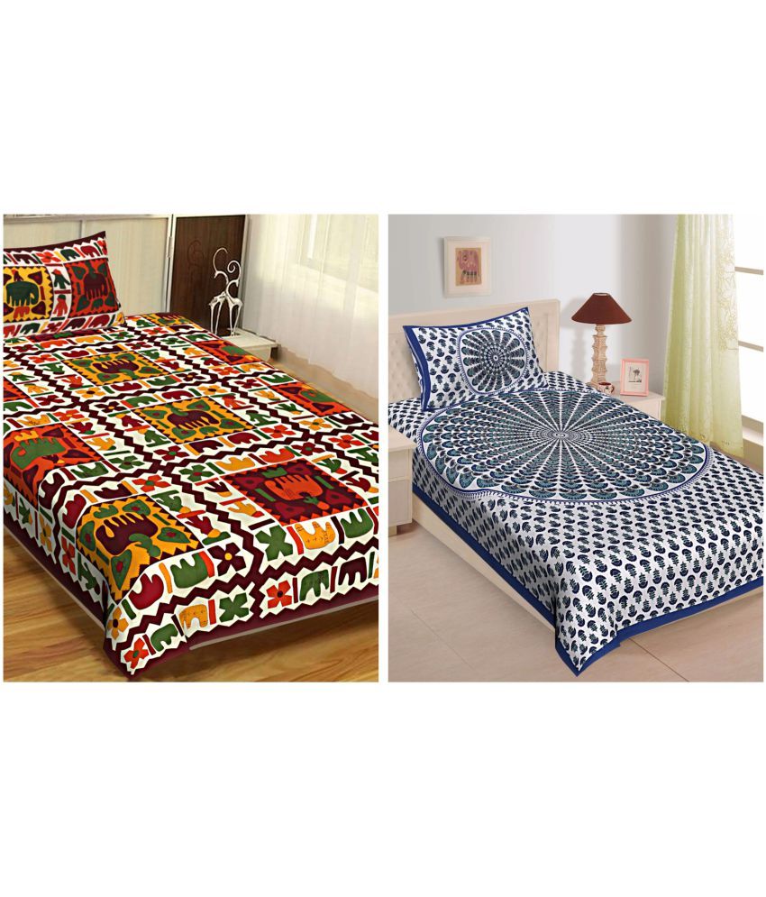     			Uniqchoice - Multicolor Cotton 2 Single Bedsheets with 2 Pillow Covers