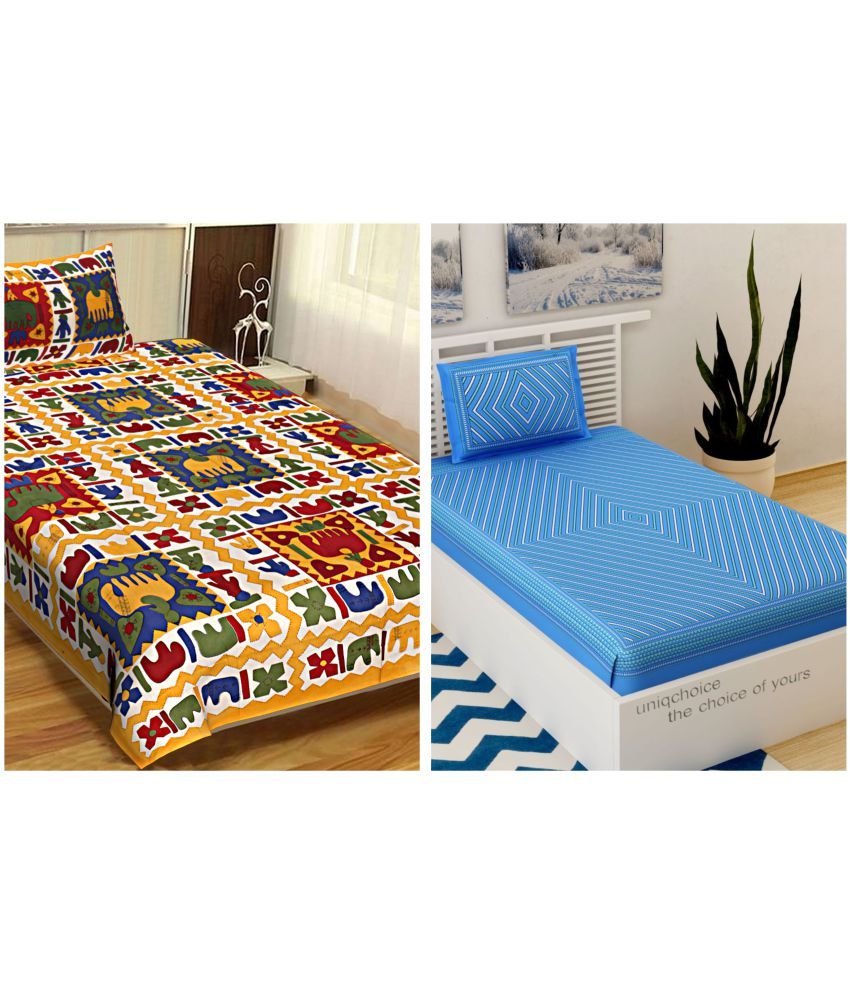     			Uniqchoice - Multicolor Cotton 2 Single Bedsheets with 2 Pillow Covers