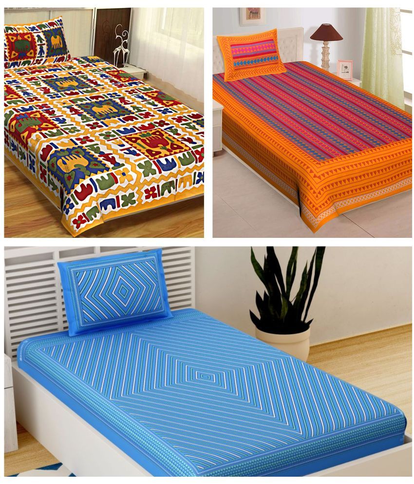     			Uniqchoice - Multicolor Cotton 3 Single Bedsheets with 3 Pillow Covers