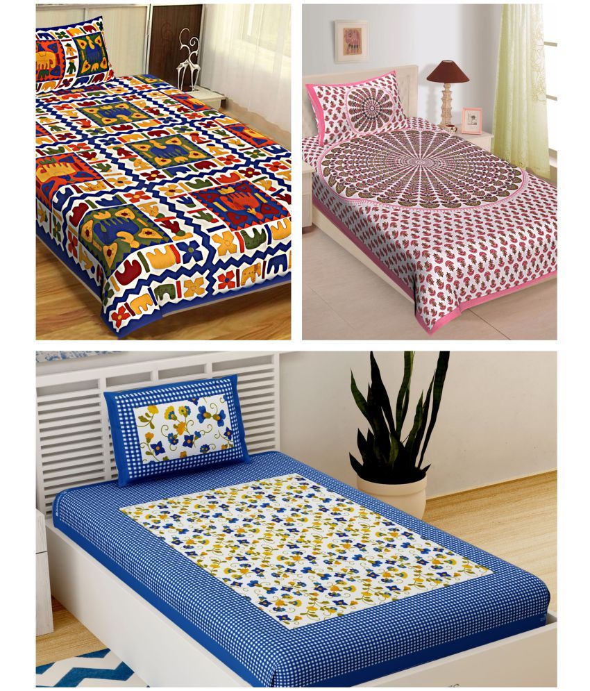     			Uniqchoice - Multicolor Cotton 3 Single Bedsheets with 3 Pillow Covers