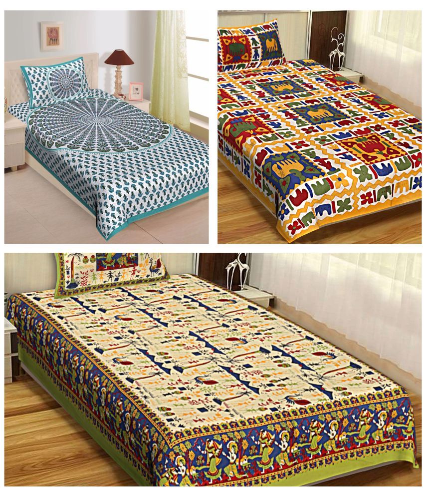     			Uniqchoice - Multicolor Cotton 3 Single Bedsheets with 3 Pillow Covers