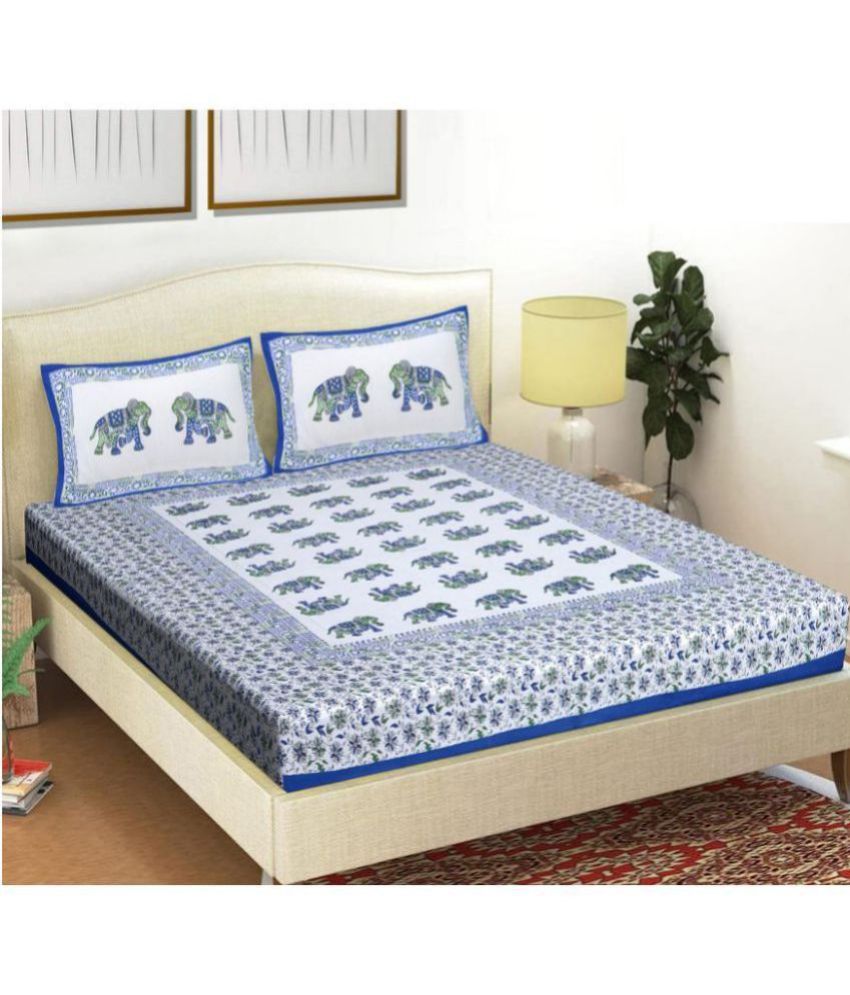     			Frionkandy Cotton Floral Printed Double Bedsheet with 2 Pillow Covers - Blue
